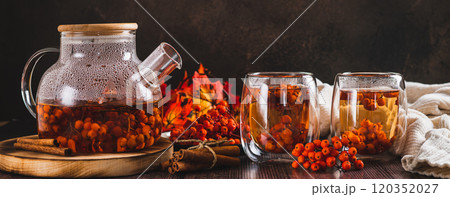 Tea with rowan berries in glasses and a teapot on the table web banner 120352027