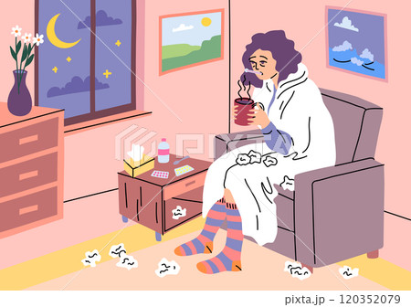Cartoon Color Character Sick Woman Night Sickly Concept Flat Design Style. Vector illustration of Fever and Runny Nose Cartoon Color Character Sick Woman Night Sickly Concept Flat Design Style. Vector illustration of Fever and Runny Nose 120352079