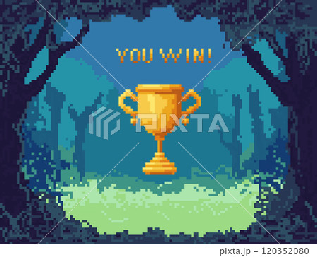 Cartoon Color Pixel Gold Winner Cup Background Game Win Concept Flat Design Style. Vector illustration of Pixelated Award Cartoon Color Pixel Gold Winner Cup Background Game Win Concept Flat Design Style. Vector illustration of Pixelated Award 120352080