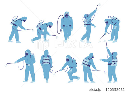 Cartoon Color Characters People Protective Overalls Disinfectant Spraying Poison Concept. Vector illustration 120352081