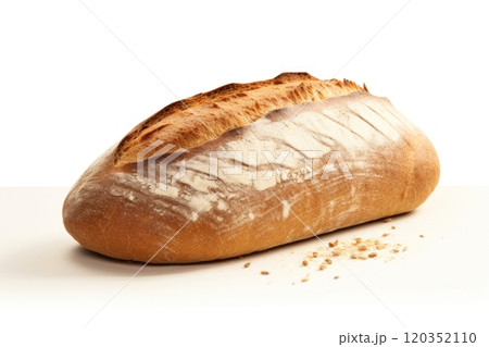 Bread on a white background. Freshly baked golden brown loaf of bread with crispy crust. Made from organic whole grain wheat flour. Healthy food. For bakery, food blog, recipe book, cafe, restaurant. Bread on a white background. Freshly baked golden brown loaf of bread with crispy crust. Made from organic whole grain wheat flour. Healthy food. For bakery, food blog, recipe book, cafe, restaurant. 120352110
