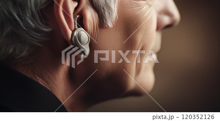 Hearing aid device on elderly persons ear. Treatment of people with hearing loss. Medicine and science. Suitable for showcasing in medical and healthcare services. Hearing aid device on elderly persons ear. Treatment of people with hearing loss. Medicine and science. Suitable for showcasing in medical and healthcare services. 120352126