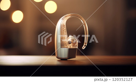 Close up of a modern hearing aid on blurred background and bokeh lights. Treatment of people with hearing loss. Medicine and science. Suitable for showcasing in medical and healthcare services Close up of a modern hearing aid on blurred background and bokeh lights. Treatment of people with hearing loss. Medicine and science. Suitable for showcasing in medical and healthcare services 120352127