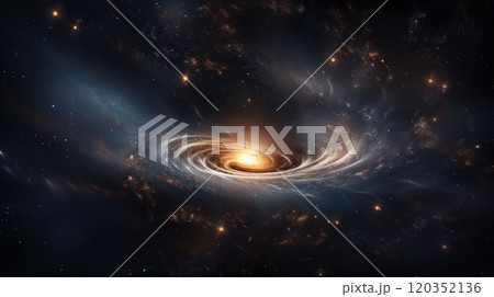 Big black hole in space in Universe, surrounded by rotating galaxies. Cosmic beauty and power. Black hole, like time vortex, absorbs and radiates light. Secrets of Cosmos and Universe. Big Bang 120352136