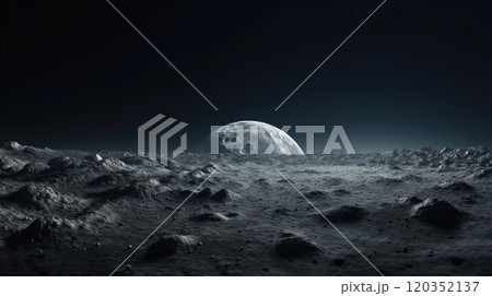 Moon rising over a rocky lunar landscape. Surface of the Moon. Perfect for use in space exploration or science fiction themes 120352137