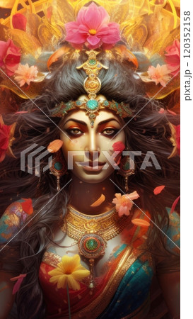 Fantasy Illustration of a woman with long curly hair with flowers, against abstract background. Goddess Shakti. Hindu deity. Ideal for mythology, fantasy, religious, digital art project Fantasy Illustration of a woman with long curly hair with flowers, against abstract background. Goddess Shakti. Hindu deity. Ideal for mythology, fantasy, religious, digital art project 120352158