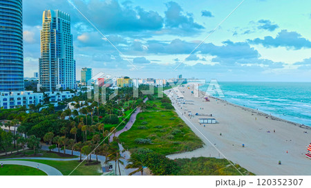 South Pointe Park and South Beach at Miami Beach with its iconic buildings aerial view 120352307