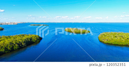 Serene Aerial View of Vibrant Blue Waters and Mangrove Islands 120352351