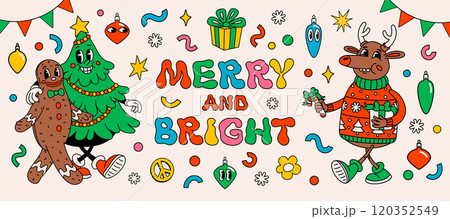 Groovy merry and bright christmas stickers with deer, Christmas tree, gingerbread man, gift, and other design elements in retro vintage cartoon style Groovy merry and bright christmas stickers with deer, Christmas tree, gingerbread man, gift, and other design elements in retro vintage cartoon style 120352549
