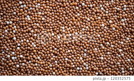 Close-up of mustard seeds scattered on the table, top view. Mustard seeds texture. Suitable for food and nutrition related content. Ideal for use in culinary and health-related designs. Copy space. 120352575