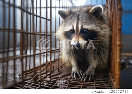 Raccoon locked in cage. Skinny lonely Raccoon in cramped jail behind bars with sad look. Ideal for use in articles about animal rights, wildlife conservation, animal welfare and conditions of zoos 120352732