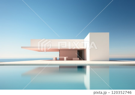 Futuristic Modern white building with unique geometric design with corner walls. Minimalism style architecture. Ideal for use in architectural or design projects. 120352746