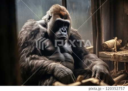 Gorilla locked in cage. Poor lonely monkey in cramped cage behind bars with sad look. For use in articles about animal rights, wildlife conservation, animal welfare and conditions of zoos 120352757