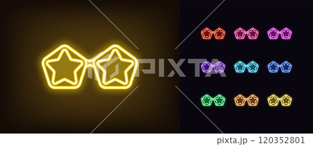 Outline neon superstar sunglasses icon set. Glowing neon glamour sunglasses with star lens, retro style spectacles. Fashion star glasses, party eyewear, pop disco style, modern sunglass. Vector icons Outline neon superstar sunglasses icon set. Glowing neon glamour sunglasses with star lens, retro style spectacles. Fashion star glasses, party eyewear, pop disco style, modern sunglass. Vector icons 120352801