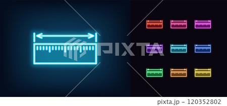 Outline neon ruler icon set. Glowing neon measuring ruler with dimension arrow, length or width measure. Shoes or clothes size, measure scale, body parameter size, overall dimension. Vector icons Outline neon ruler icon set. Glowing neon measuring ruler with dimension arrow, length or width measure. Shoes or clothes size, measure scale, body parameter size, overall dimension. Vector icons 120352802