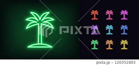 Outline neon palm tree icon set. Glowing neon coconut palm tree, tropical oasis. Exotic palm island and tropical paradise, summer holiday in Hawaii, California beach, vacation in Miami. Vector icons Outline neon palm tree icon set. Glowing neon coconut palm tree, tropical oasis. Exotic palm island and tropical paradise, summer holiday in Hawaii, California beach, vacation in Miami. Vector icons 120352803