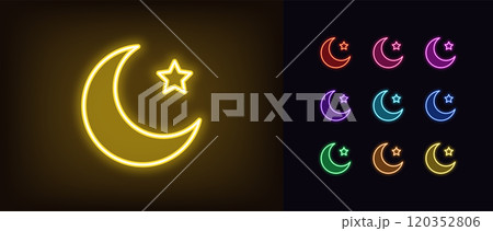 Outline neon crescent icon set. Glowing neon crescent with star, half moon icon. Crescent for Islamic holidays, Ramadan. Magic dream, moon phase and cycle, night and sleep time. Vector icons 120352806