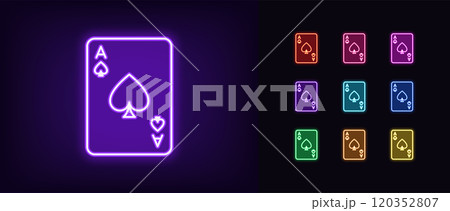 Outline neon spade ace icon set. Glowing neon card ace with spade icon, outline silhouette. Spade card, poker game, play card suit, poker playroom, gambling casino game, black jack. Vector icons Outline neon spade ace icon set. Glowing neon card ace with spade icon, outline silhouette. Spade card, poker game, play card suit, poker playroom, gambling casino game, black jack. Vector icons 120352807