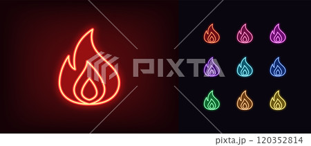 Outline neon fire icon set. Glowing neon fire shape, flame silhouette. Hot content, burning flame shape, fire blaze, super hot, crazy hit, super popular, fiery top, bonfire, super roast. Vector icons Outline neon fire icon set. Glowing neon fire shape, flame silhouette. Hot content, burning flame shape, fire blaze, super hot, crazy hit, super popular, fiery top, bonfire, super roast. Vector icons 120352814