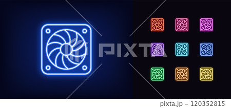 Outline neon cooler fan icon set. Glowing neon fan icon for air cooling and ventilation in computer. Cooling system, ventilator, air cooler, ventilation, cooling fan for electric devices. Vector icons 120352815