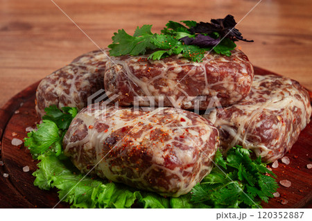 raw apkhazura, a dish of Georgian cuisine, meat balls, minced meat wrapped in a fat net, seftalia, homemade, no people, raw apkhazura, a dish of Georgian cuisine, meat balls, minced meat wrapped in a fat net, seftalia, homemade, no people, 120352887