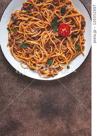 Spaghetti Bolognese, top view, close-up, no people, homemade, 120352897