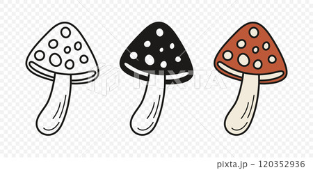 Flat Vector Hand Drawn Cartoon Fly Agaric Mushrooms Outline Illustration. Amanita Muscaria, Fly Agaric Illustration, Mushrooms. Magic Mushroom Icons, Design Template Flat Vector Hand Drawn Cartoon Fly Agaric Mushrooms Outline Illustration. Amanita Muscaria, Fly Agaric Illustration, Mushrooms. Magic Mushroom Icons, Design Template 120352936