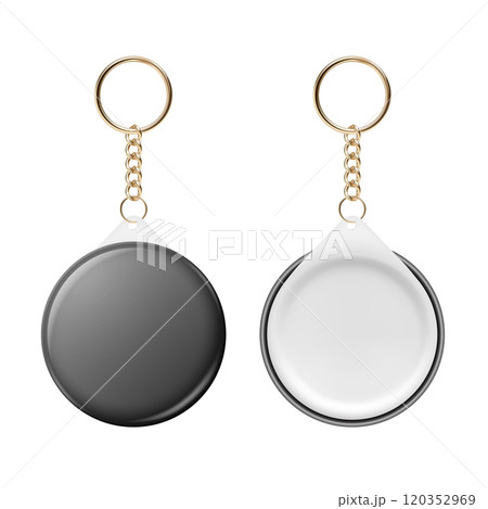 Vector 3d Realistic Round Keychain, Design Template for Printing, Mockup. Round Blank Keychain Design Element for Promo, Souvenir, Prints or Logos. ID Badge Vector Illustration, Front, Back Side View 120352969