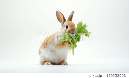 Brown Rabbit eating Celery. Isolated on white background. Cute Easter bunny. Ideal for pet food advertisement, educational content, kids book, animal health, pet care guide. For Easter greeting card. Brown Rabbit eating Celery. Isolated on white background. Cute Easter bunny. Ideal for pet food advertisement, educational content, kids book, animal health, pet care guide. For Easter greeting card. 120352998
