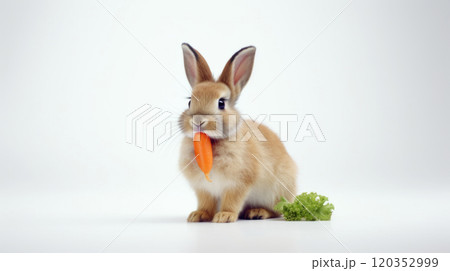 Rabbit eating carrot. Isolated on white background. Cute Easter bunny. Copy space. Ideal for greeting, banner, pet food advertisement, educational content, kids book, animal health, pet care guide Rabbit eating carrot. Isolated on white background. Cute Easter bunny. Copy space. Ideal for greeting, banner, pet food advertisement, educational content, kids book, animal health, pet care guide 120352999