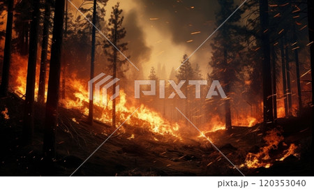 Wildfire. Forest Fire Causes Massive Destruction. Forest Engulfed in Flames. Disaster. Ecological catastrophe. Burning trees and orange smoke. For awareness campaigns on fire safety and prevention Wildfire. Forest Fire Causes Massive Destruction. Forest Engulfed in Flames. Disaster. Ecological catastrophe. Burning trees and orange smoke. For awareness campaigns on fire safety and prevention 120353040