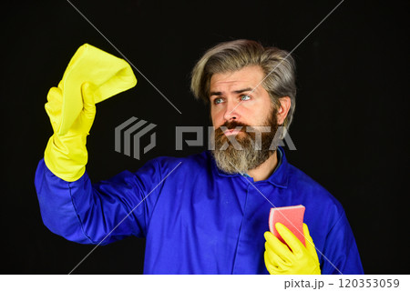 Oh no. House cleaning. bearded man doing housework and cleaning. handsome man with washing gloves. Morning hygiene. Husband housekeeping and cleaning concept Oh no. House cleaning. bearded man doing housework and cleaning. handsome man with washing gloves. Morning hygiene. Husband housekeeping and cleaning concept 120353059
