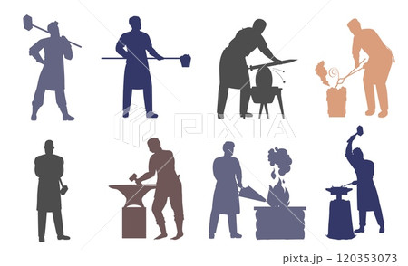 Blacksmith characters at work colorful silhouette set 120353073