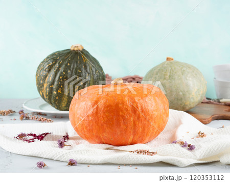 Three vibrant pumpkins stillife on table cloth with dried flowers Three vibrant pumpkins stillife on table cloth with dried flowers 120353112