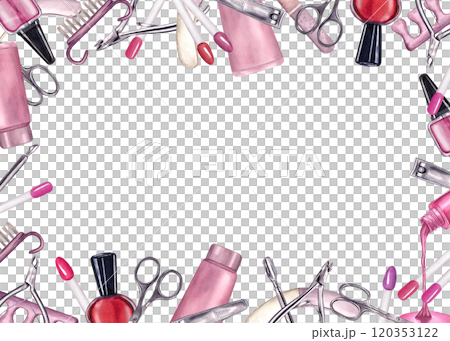 Manicure tools and nail polish in pink red colors watercolor horizontal frame. Cream tube, color palette, steel nail trimmer, cuticle scissors, clippers, brush and file. Empty space for text Manicure tools and nail polish in pink red colors watercolor horizontal frame. Cream tube, color palette, steel nail trimmer, cuticle scissors, clippers, brush and file. Empty space for text 120353122