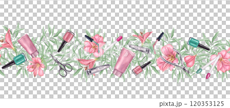 Manicure instruments and floral composition watercolor horizontal seamless banner. Nail pink, turquoise polish, trimmer, cuticle scissors, clippers for nail treatment among flowers and leaves Manicure instruments and floral composition watercolor horizontal seamless banner. Nail pink, turquoise polish, trimmer, cuticle scissors, clippers for nail treatment among flowers and leaves 120353125