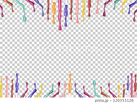 Colored nail polish dripping from brushes watercolor horizontal border. Falling drips palette painted in realistic style. Bright colored illustration with copy space for text. For label, greeting card Colored nail polish dripping from brushes watercolor horizontal border. Falling drips palette painted in realistic style. Bright colored illustration with copy space for text. For label, greeting card 120353126