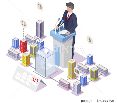 Politician orator speaking from tribune over cityscape 120353156