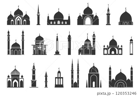 Islamic mosque black icons set. Tower dome arabic asian architecture symbol of muslim religion. Buildings shapes with minarets. Black and white simple flat style. Isolated vector on white background 120353246