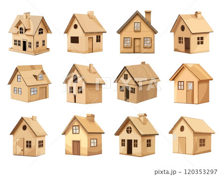 Cardboard house buildings set. Box buildings for kids children games. Big toy constructions. House mansions real estate mini paper copie. Cartoon style isolated vector clipart collection 120353297
