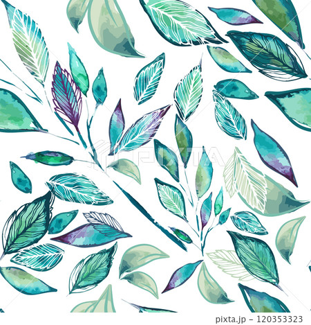 Leafy seamless pattern. Leaf, leaves, green branch textile fabric, texture background. Watercolor twig, seeds, leaf. Greenery decorative paper print. Hand drawing. Not AI, Vector illustration. 120353323
