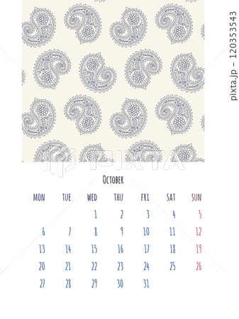 Calendar 2025 October page template with monochrome black and white paisley pattern Calendar 2025 October page template with monochrome black and white paisley pattern 120353543