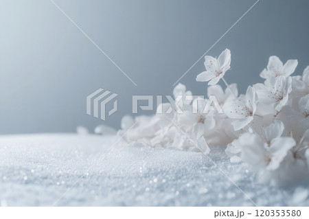 Delicate white cherry blossom petals scattered on a quiet surface during spring, evoking a serene and peaceful atmosphere 120353580