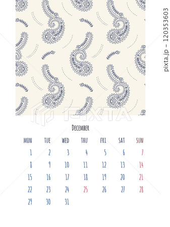 Calendar 2025 December page template with monochrome black and white paisley pattern 120353603