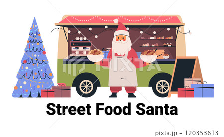 Santa serving food at festive truck with Christmas tree gifts lights holiday scene colorful design template 120353613