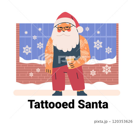 Tattooed Santa holding coffee cup snowflakes window brick wall winter scene Tattooed Santa holding coffee cup snowflakes window brick wall winter scene 120353626