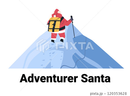 Santa climbing snowy mountain with backpack hiking gear winter adventure concept colorful minimalist design website banner 120353628