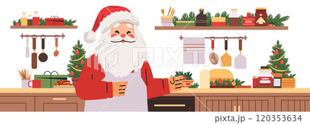 Santa Claus in kitchen cooking festive meal Christmas decorations gifts utensils shelves holiday setting 120353634