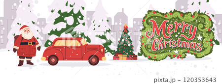 Santa Claus with red car snowy Christmas scene festive decorations Christmas tree gifts snowy background winter holiday theme 120353643