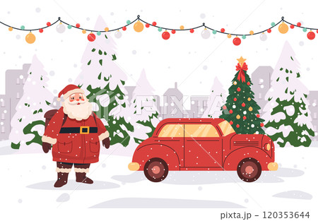Santa Claus Christmas scene with vintage car snowy winter landscape decorated trees festive lights holiday theme 120353644